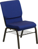 HERCULES Series 18.5''W Navy Blue Patterned Fabric Church Chair with 4.25'' Thick Seat, Book Rack - Gold Vein Frame