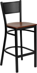 HERCULES Series Black Grid Back Metal Restaurant Barstool - Cherry Wood Seat