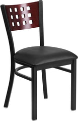 HERCULES Series Black Decorative Cutout Back Metal Restaurant Chair - Mahogany Wood Back, Black Vinyl Seat