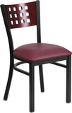 HERCULES Series Black Decorative Cutout Back Metal Restaurant Chair - Mahogany Wood Back, Burgundy Vinyl Seat