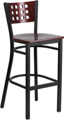 HERCULES Series Black Decorative Cutout Back Metal Restaurant Barstool - Mahogany Wood Back & Seat