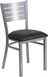 HERCULES Series Silver Slat Back Metal Restaurant Chair - Black Vinyl Seat