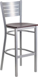 HERCULES Series Silver Slat Back Metal Restaurant Barstool - Mahogany Wood Seat
