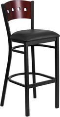 HERCULES Series Black Decorative 4 Square Back Metal Restaurant Barstool - Mahogany Wood Back, Black Vinyl Seat