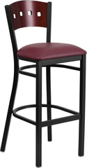 HERCULES Series Black Decorative 4 Square Back Metal Restaurant Barstool - Mahogany Wood Back, Burgundy Vinyl Seat