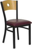 HERCULES Series Black Circle Back Metal Restaurant Chair - Natural Wood Back, Burgundy Vinyl Seat