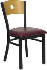 HERCULES Series Black Circle Back Metal Restaurant Chair - Natural Wood Back, Burgundy Vinyl Seat