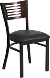HERCULES Series Black Decorative Slat Back Metal Restaurant Chair - Walnut Wood Back, Black Vinyl Seat