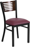 HERCULES Series Black Decorative Slat Back Metal Restaurant Chair - Walnut Wood Back, Burgundy Vinyl Seat