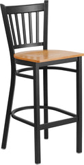 HERCULES Series Black Vertical Back Metal Restaurant Barstool - Natural Wood Seat