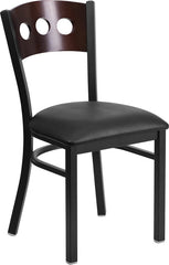 HERCULES Series Black Decorative 3 Circle Back Metal Restaurant Chair - Walnut Wood Back, Black Vinyl Seat