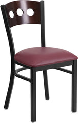 HERCULES Series Black Decorative 3 Circle Back Metal Restaurant Chair - Walnut Wood Back, Burgundy Vinyl Seat