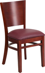 Lacey Series Solid Back Mahogany Wooden Restaurant Chair - Burgundy Vinyl Seat