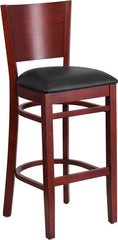 Lacey Series Solid Back Mahogany Wooden Restaurant Barstool - Black Vinyl Seat