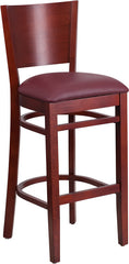 Lacey Series Solid Back Mahogany Wooden Restaurant Barstool - Burgundy Vinyl Seat