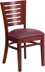 Darby Series Slat Back Mahogany Wooden Restaurant Chair - Burgundy Vinyl Seat