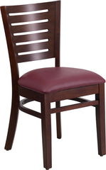 Darby Series Slat Back Walnut Wooden Restaurant Chair - Burgundy Vinyl Seat