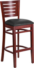 Darby Series Slat Back Mahogany Wooden Restaurant Barstool - Black Vinyl Seat