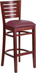 Darby Series Slat Back Mahogany Wooden Restaurant Barstool - Burgundy Vinyl Seat