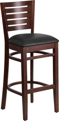 Darby Series Slat Back Walnut Wooden Restaurant Barstool - Black Vinyl Seat