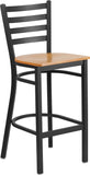 HERCULES Series Black Ladder Back Metal Restaurant Barstool - Natural Wood Seat