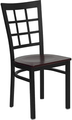 HERCULES Series Black Window Back Metal Restaurant Chair - Mahogany Wood Seat