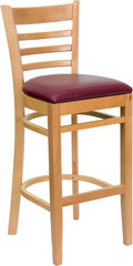 HERCULES Series Natural Wood Finished Ladder Back Wooden Restaurant Barstool - Burgundy Vinyl Seat