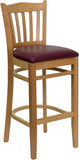 HERCULES Series Natural Wood Finished Vertical Slat Back Wooden Restaurant Barstool - Burgundy Vinyl Seat