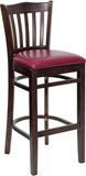 HERCULES Series Walnut Finished Vertical Slat Back Wooden Restaurant Barstool - Burgundy Vinyl Seat