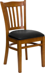 HERCULES Series Cherry Finished Vertical Slat Back Wooden Restaurant Chair - Black Vinyl Seat