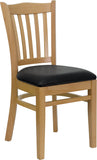 HERCULES Series Natural Wood Finished Vertical Slat Back Wooden Restaurant Chair - Black Vinyl Seat