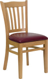 HERCULES Series Natural Wood Finished Vertical Slat Back Wooden Restaurant Chair - Burgundy Vinyl Seat