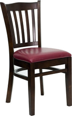 HERCULES Series Walnut Finished Vertical Slat Back Wooden Restaurant Chair - Burgundy Vinyl Seat