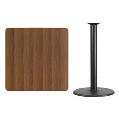 36'' Square Walnut Laminate Table Top with 24'' Round Bar Height Table Base