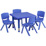 24'' Square Adjustable Blue Plastic Activity Table Set with 4 School Stack Chairs