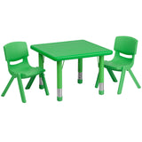 24'' Square Adjustable Green Plastic Activity Table Set with 2 School Stack Chairs