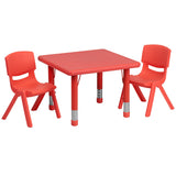 24'' Square Adjustable Red Plastic Activity Table Set with 2 School Stack Chairs