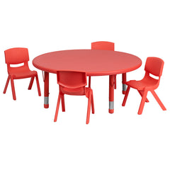 45'' Round Adjustable Red Plastic Activity Table Set with 4 School Stack Chairs