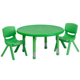 33'' Round Adjustable Green Plastic Activity Table Set with 2 School Stack Chairs