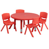 33'' Round Adjustable Red Plastic Activity Table Set with 4 School Stack Chairs