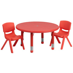 33'' Round Adjustable Red Plastic Activity Table Set with 2 School Stack Chairs
